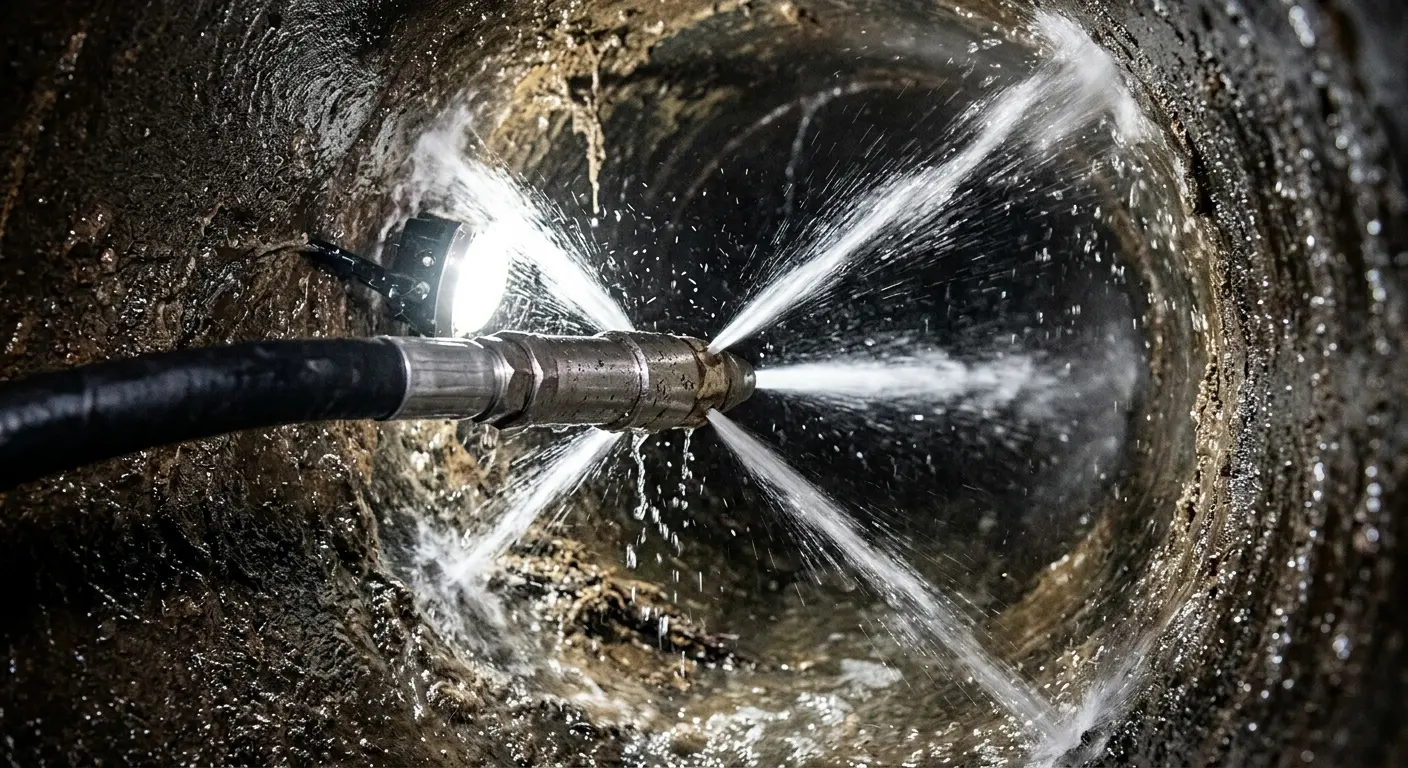 High-pressure hydro jetting nozzle cleaning sewer pipe for Trenchless Sewer Repair in Upper St. Clair