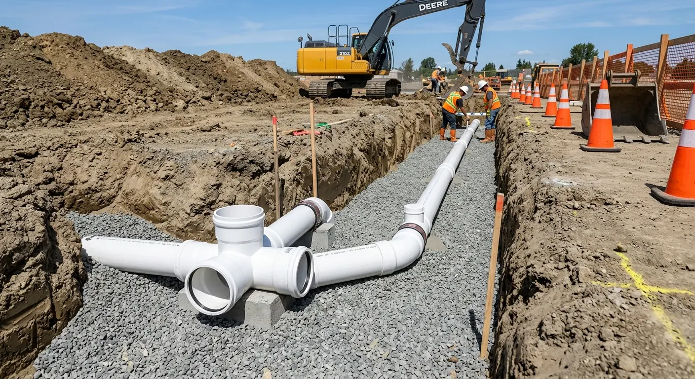 New PVC sewer pipe installation in open trench for Sewer Backup in Upper St. Clair