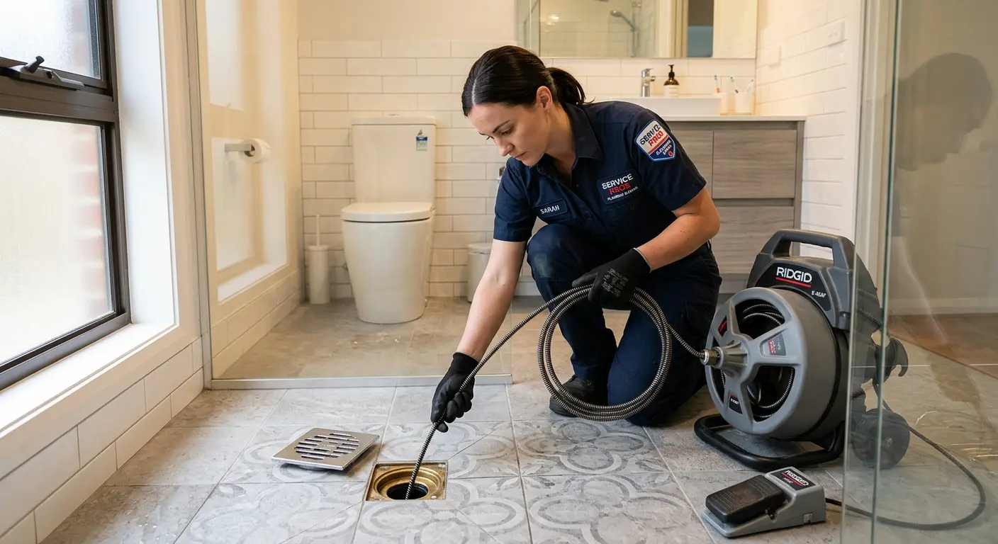 Technician clearing a bathroom floor drain for Drain Cleaning in Upper St. Clair